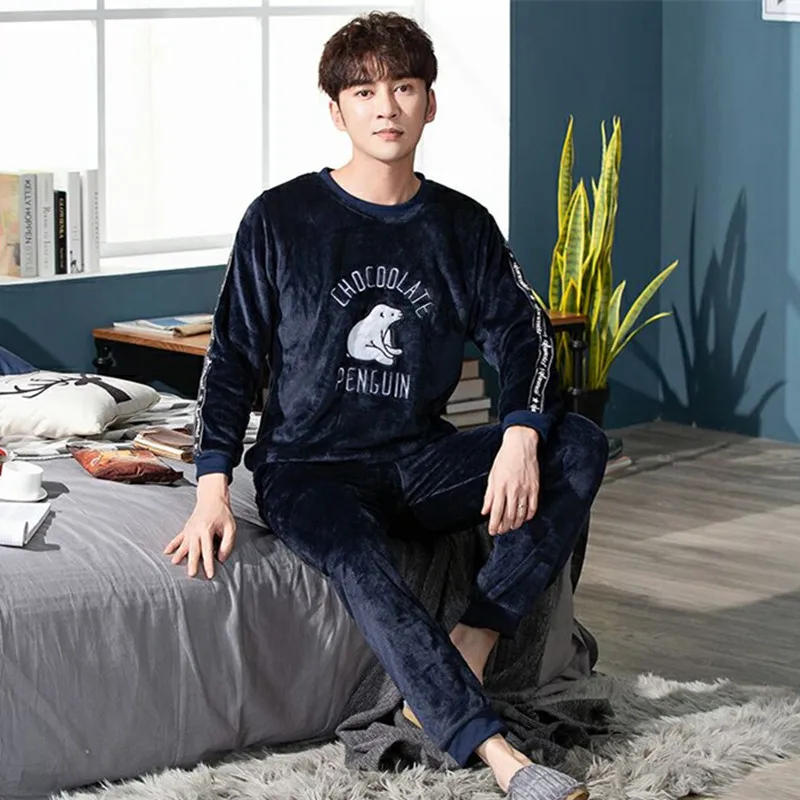 Cartoon Penguin Vintage Design Pajamas for Men Korean Kawaii Letter Print Men\'s Pajamas Set New Autumn Winter Warm Sleepwear