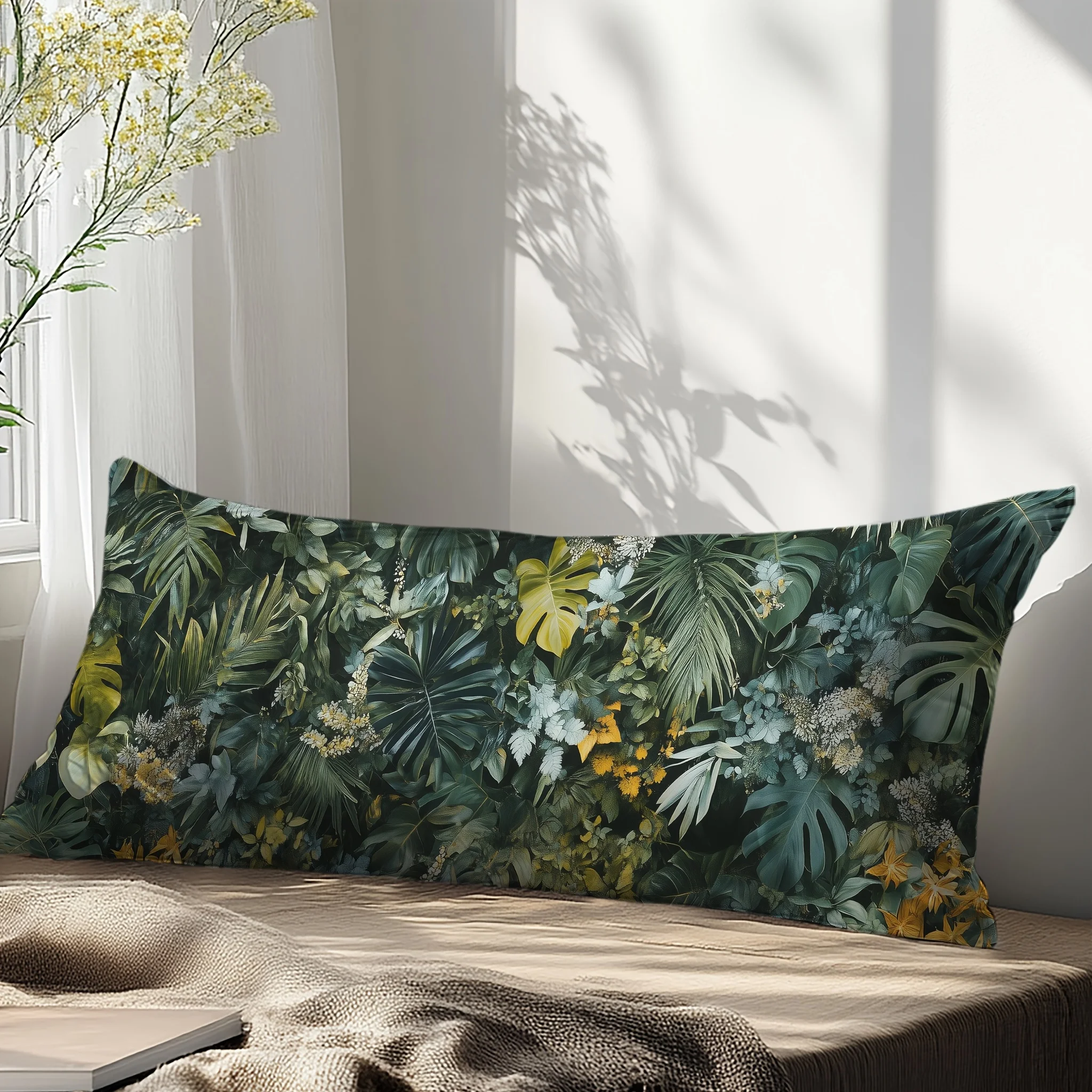 1pc Tropical Dense Jungle Moss Fern Palm Leaf Print 50.8cm x 137.16cm Long Pillow Cover - Green, Yellow, and White Floral Design