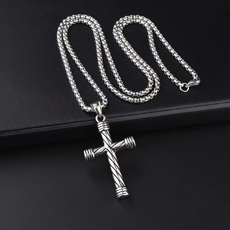 Simple Stainless Steel Necklace with Spiral Column Cross Pendant