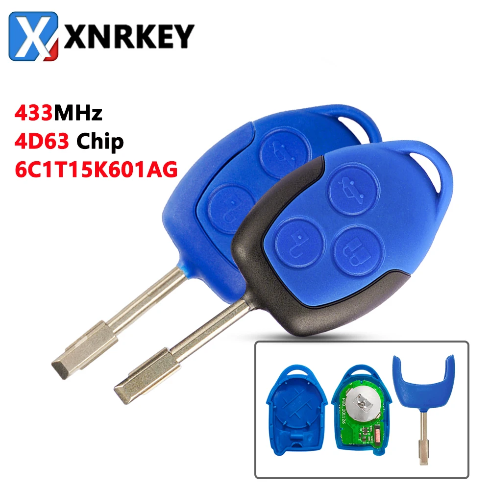 

XNRKEY 3 Button Remote Car Key 4D63 Chip 433Mhz for Ford Transit WM VM 2006-2014 with Blue/Black Head FO21 Blade 6C1T15K601AG