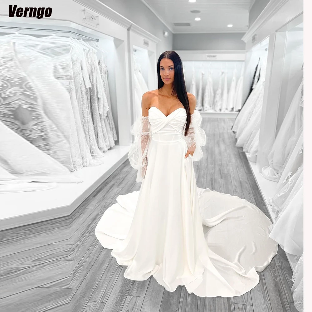 

Verngo Elegant A-line Wedding Dresses Sweetheart Long Puffy Sleeves Off Shoulder Bride Gown Satin 2024 Wedding Gown for Women