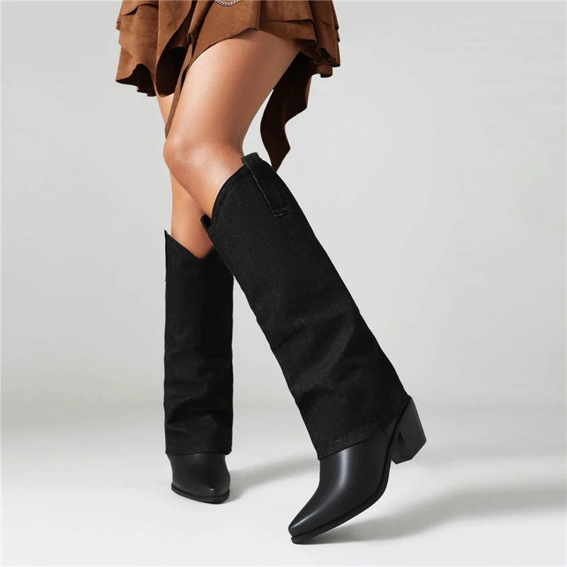 FOREADA-Botas largas hasta la rodilla para mujer, botines de Gogo con punta puntiaguda, tacones altos gruesos, botas de vaquera occidentales, zapatos de moda para mujer, Invierno 46