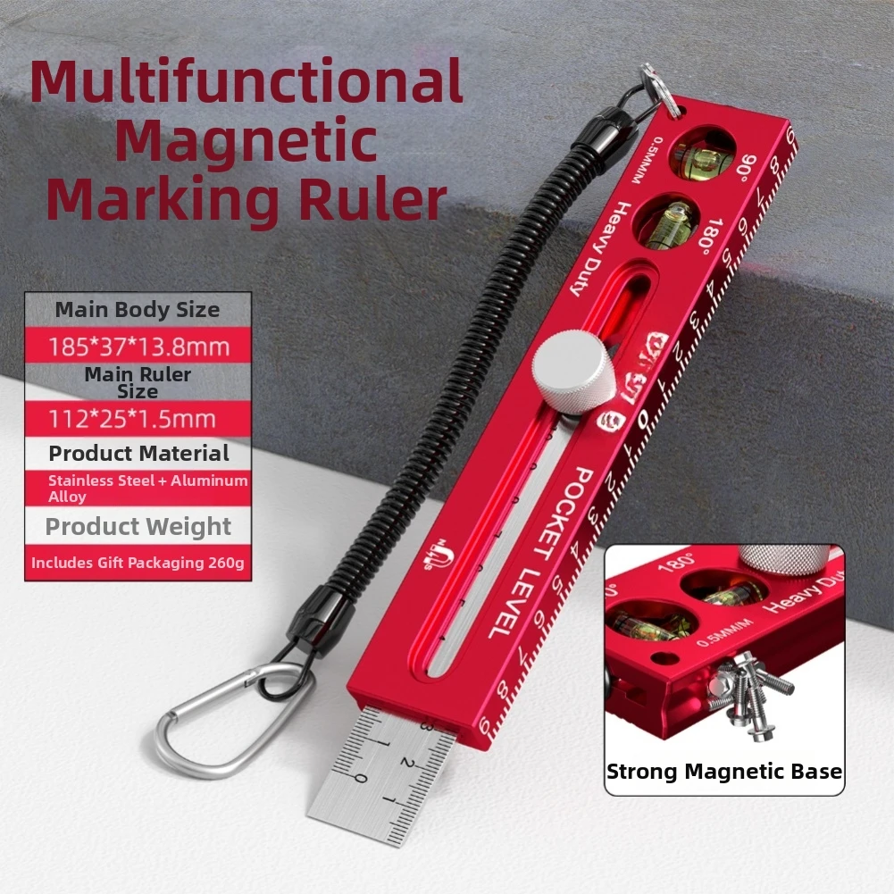Multifunctional Magnetic Marking Ruler Aluminum Alloy Folding Woodworking Ruler Level Multi-Function Marking Measuring Tool
