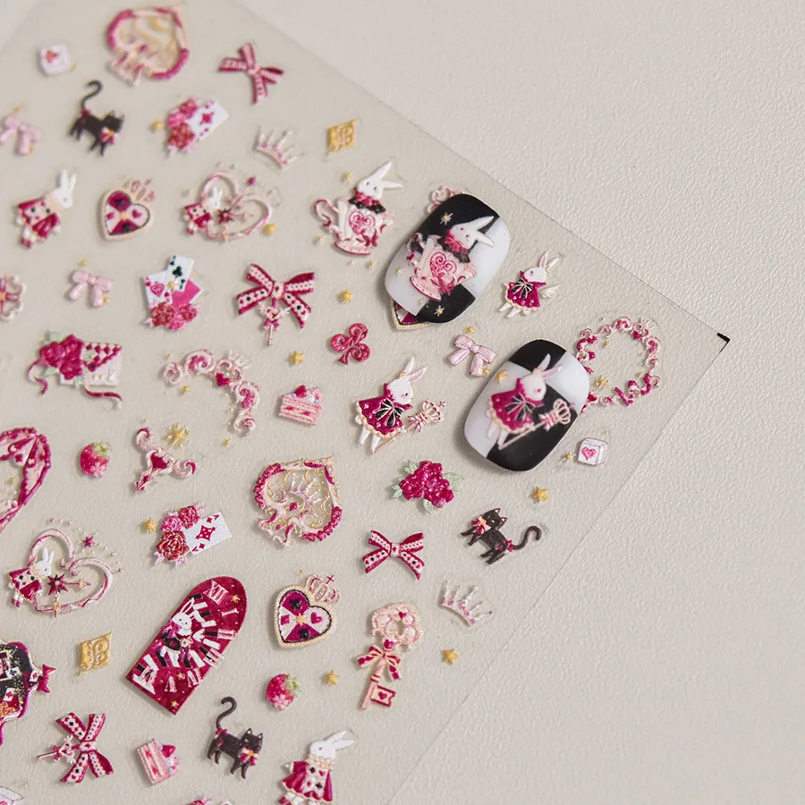 1pcs Embossed Japanese 5D Red Peach Rabbit Nail Stickers Kawaii Animals Self-Adhesive Nail Art Decals Decoration Accessories DIY