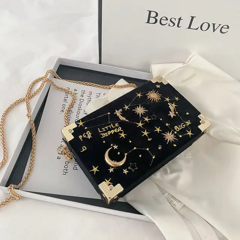 Velvet Small Square Bag For Women 2024 New Korean Embroidery Fashion Versatile Chain Single Shoulder Messenger Box Bag