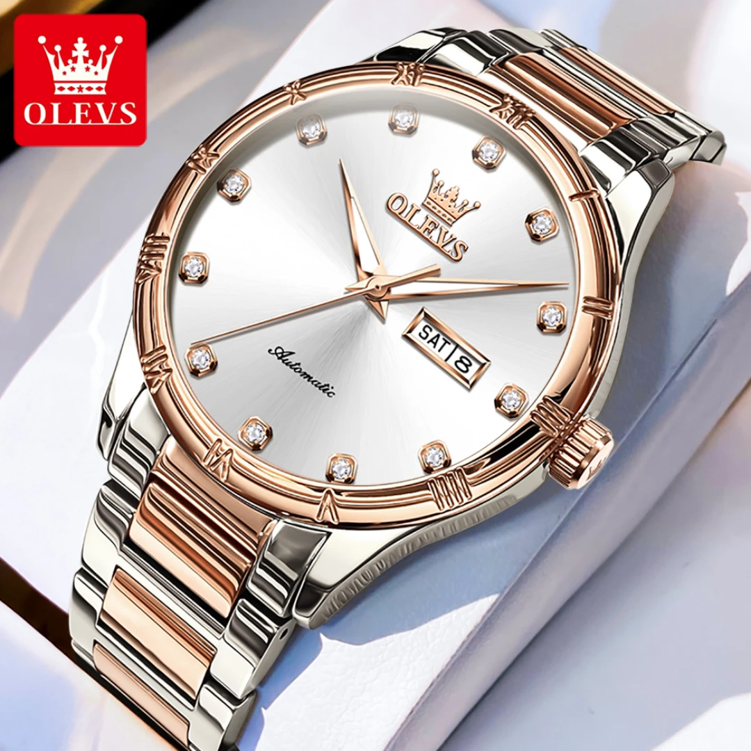 

OLEVS 7030 Mechanical Fashion Watch Gift Round-dial Stainless Steel Watchband Wristwatch Month Display Calendar