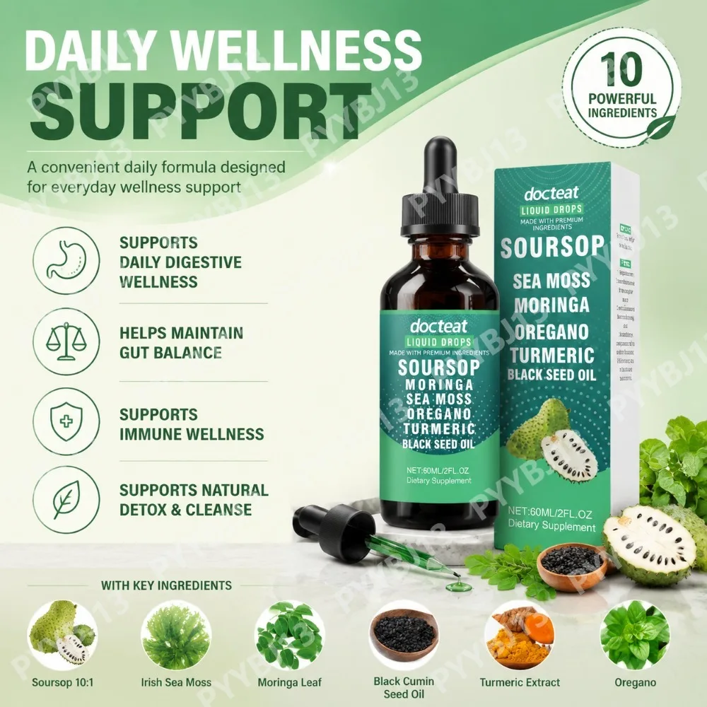 Docteat Soursop Graviola Liquid Drops with Moringa, Sea Moss, Turmeric and Black Seed Oil, Botanical Daily Wellness Blend 60ml