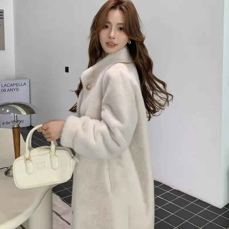 New Christmas Robe Imitation Fur Coat for Women Long Style Mink Thick Fur Stand Up Collar Coat for Women