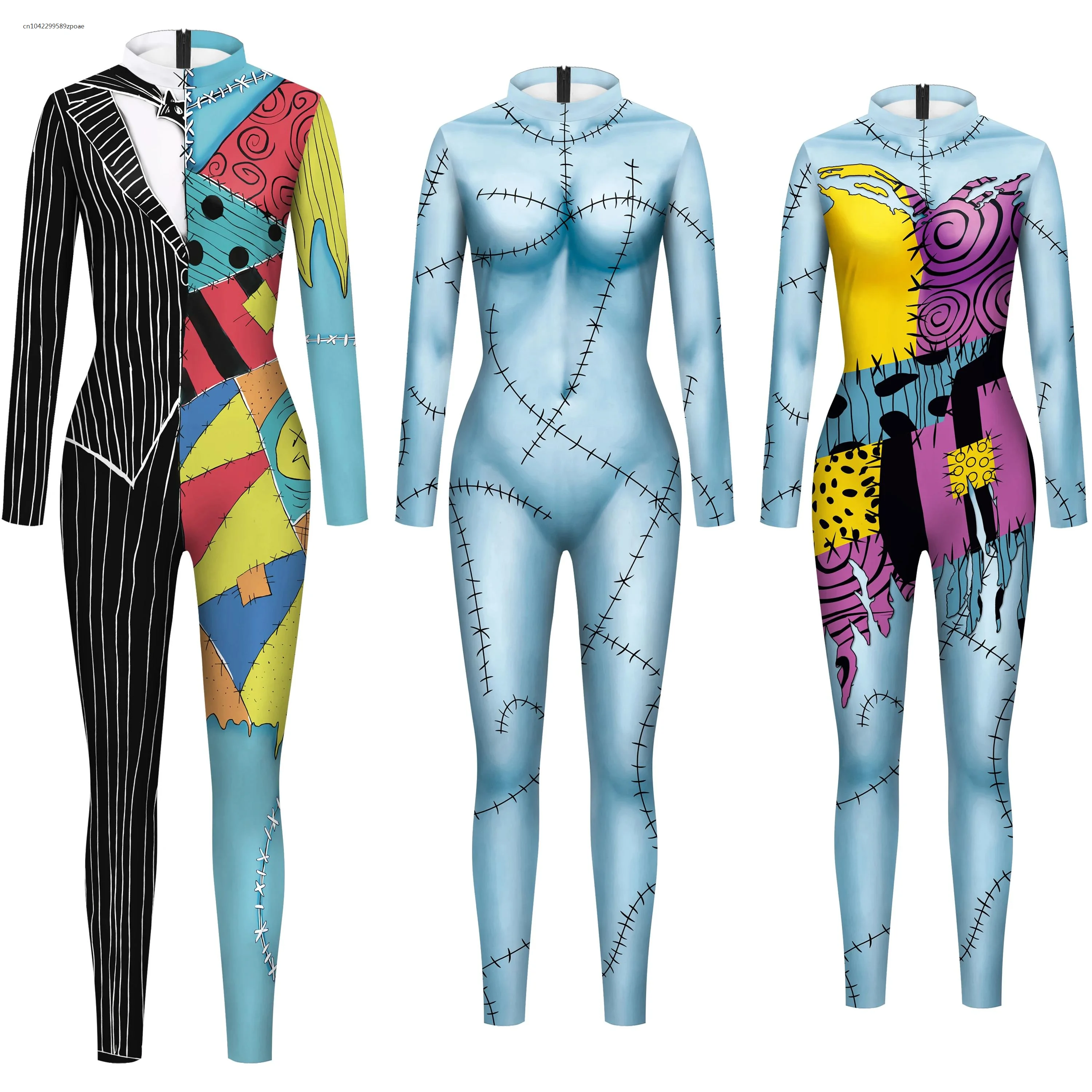 Halloween Adult Carnival Costume For Women Sally Printed Slim Jumpsuit Catsuit Long Sleeve Zenti Party Bodysuit  Rompers 2024