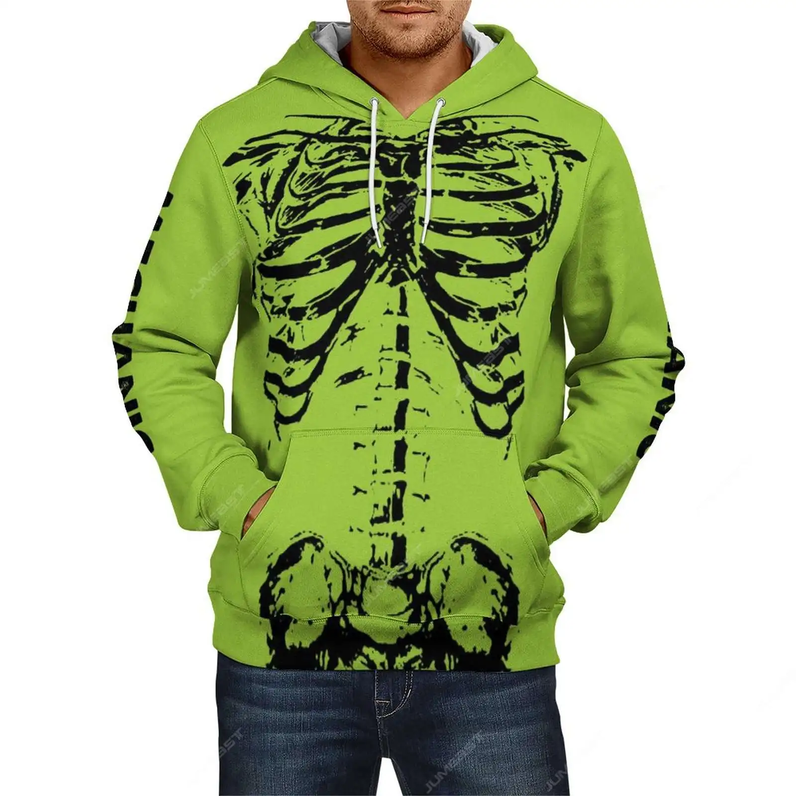 Jumeast Neon Green Mechanical Skeleton Men Zipper Hoodies Dark Academia Horror Women Hooded Sweatshirts Gothic Drip Clothes Coat