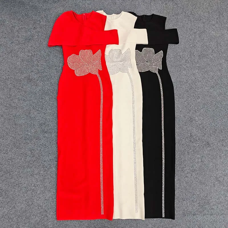 Elegant Women Black Luxury Birthday Dress Furry Diamonds Floral Midi Bodycon Bandage Dress Celebrity Evening Party dresses