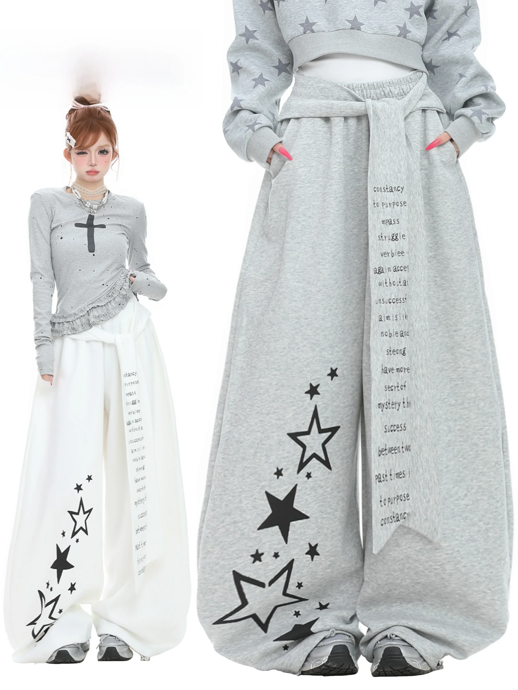 

BASTERDS American Letter Print Star Print Belted Layering Knife Sweatpants Women Spring Casual Sports Wide Leg Pants