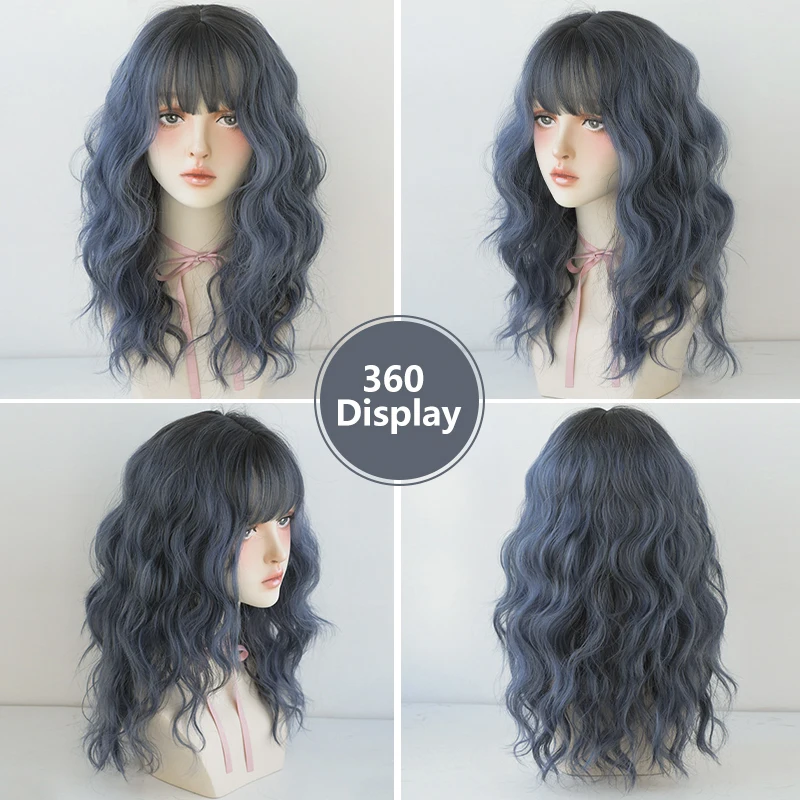 7JHH WIGS Shoulder Length Curly Wave Blue Wigs with Dark Roots High Density Synthetic Layered Deep Blue Hair Wig for Women Daily