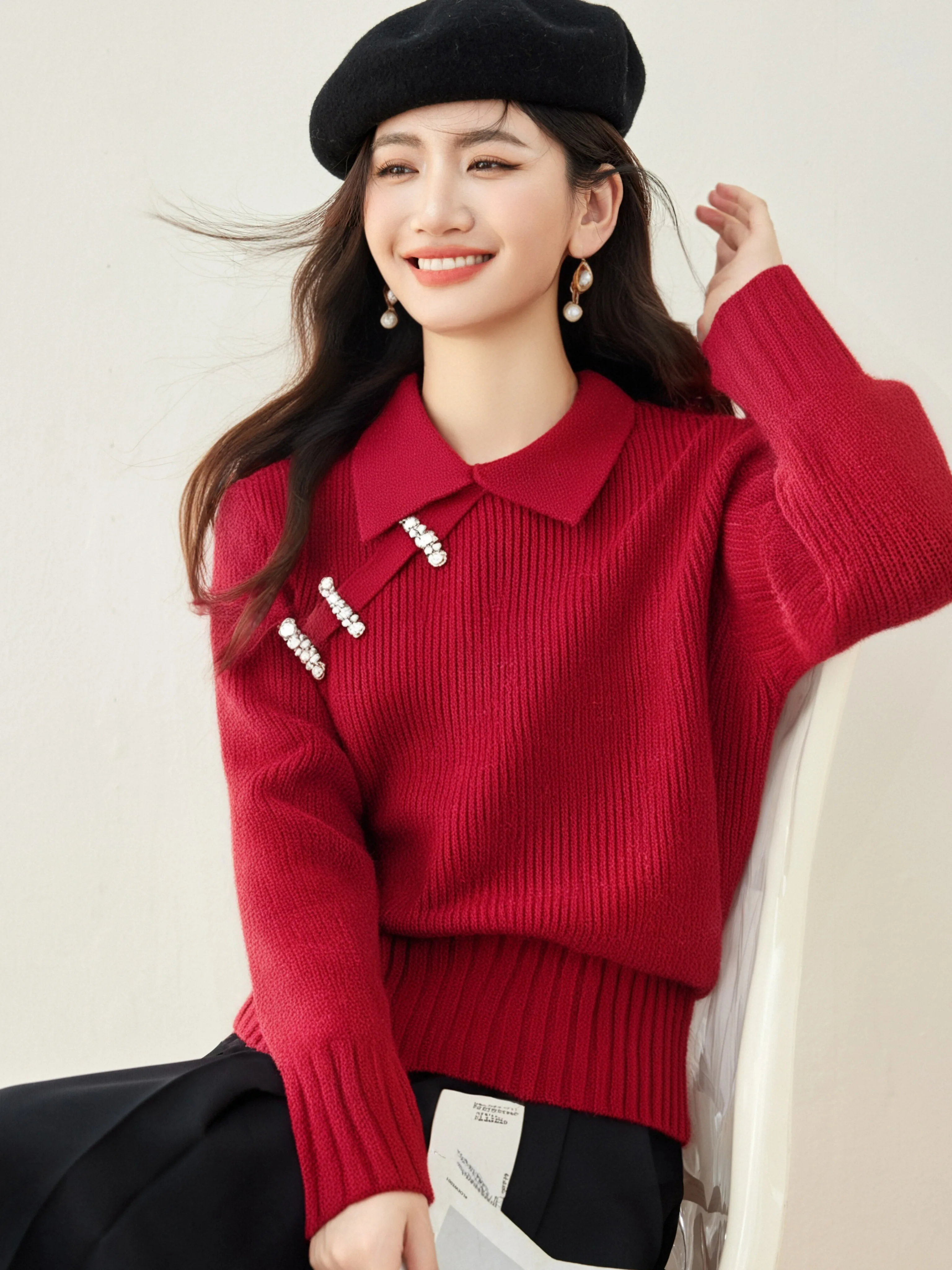 

Элегантный красный вязаный свитер, женский пуловер на пуговицах в китайском стиле, осень-зима