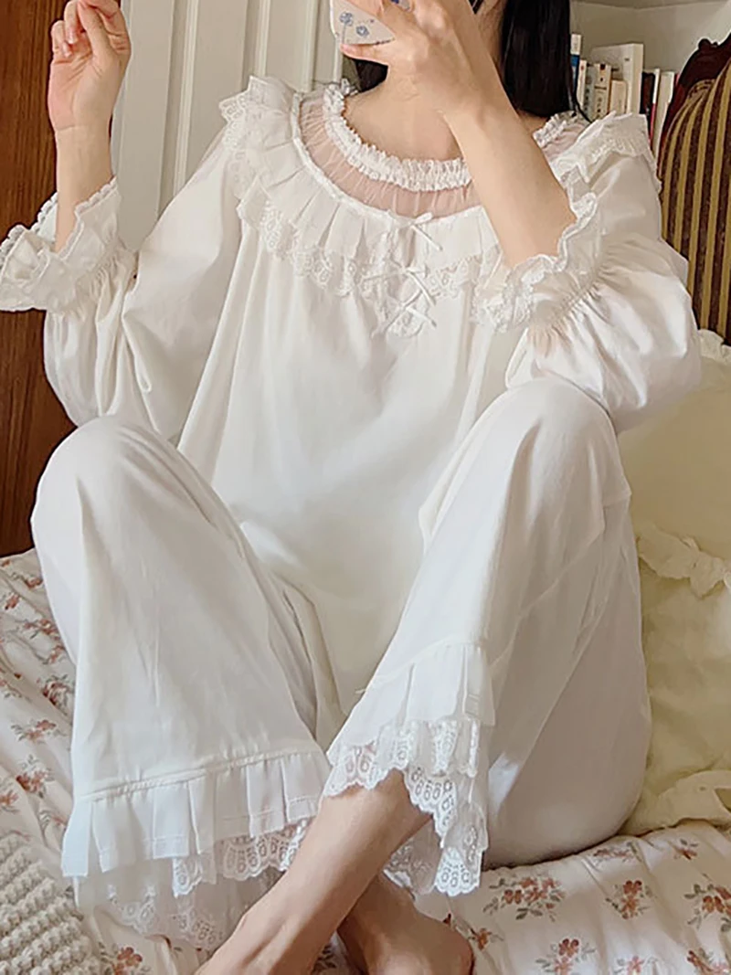 

Women Fairy Princess Pajamas Suit Spring Summer Lace Mesh Ruffles Long Sleeve Cotton Vintage Nightwear Home Sleepwear Top Pants