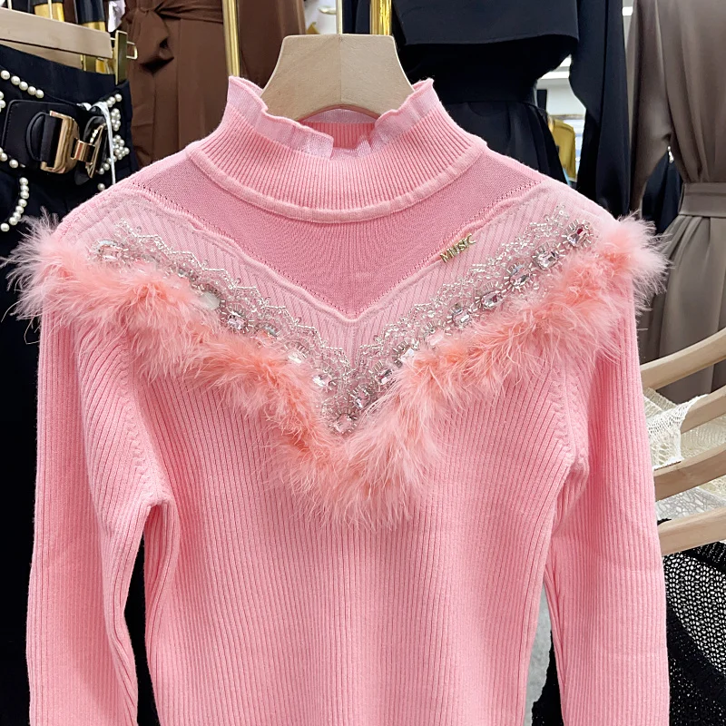 KUSAHIKI Fashion Fur Patchwork Chic Beads Knitwear Korean Stand Neck slim stretch Women Sweaters 2023 Autumn Winter Pull Femme