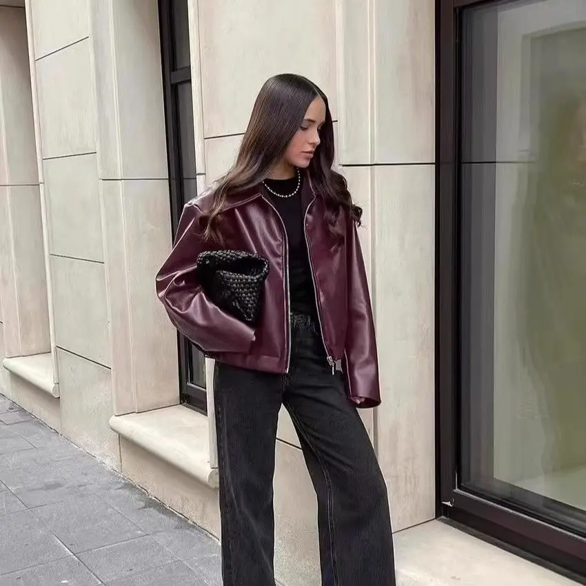

Elegant Wine Red Motorcycle Leather Jacket Women's 2025 Autumn PU Biker Coat Fashion Faux Leather Outerwear