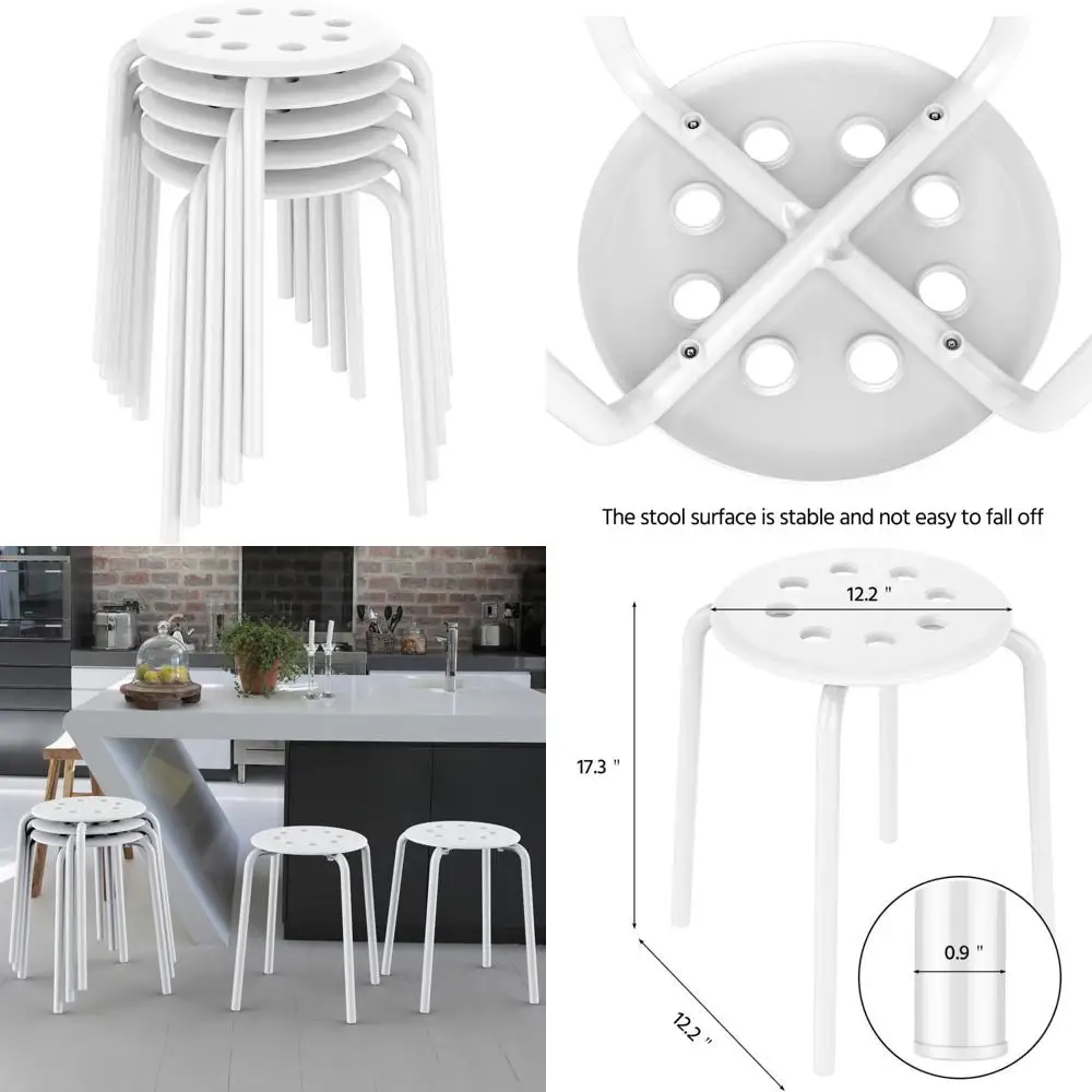 Kursi Bar Plastik yang Dapat Ditumpuk dengan Kaki Logam, Tinggi 17,3 inci, Set isi 5, Putih