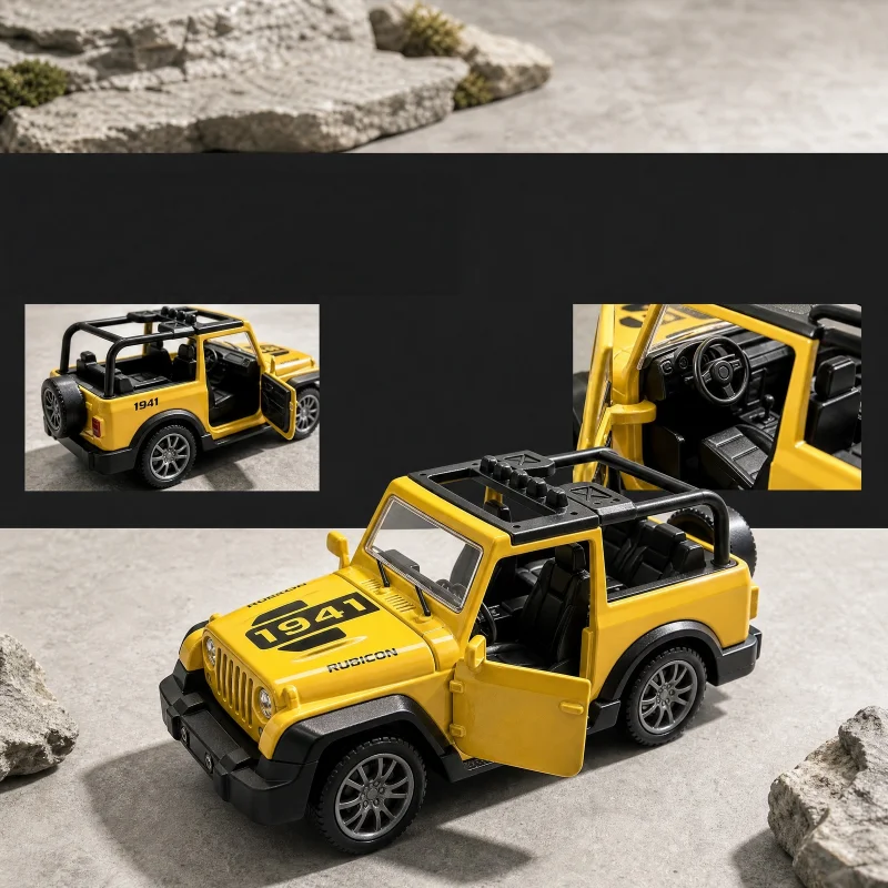 1:36 retro convertible off-road alloy model car, metal body static display figurine with openable doors.