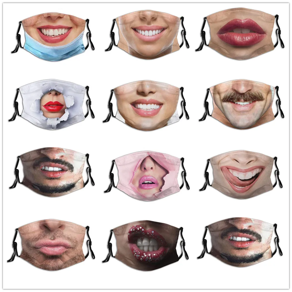 

Personalized Social Funny 3D Facial Expression Masks Women Men Prom Party Ride Breathable Mouth Face Mask Creative Printed Masks