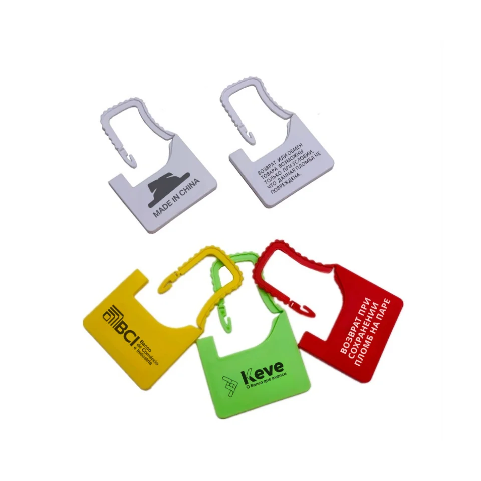100 Pcs Custom Security Seal Locks, Plastic Tags with Custom Brand Logos, White Hang Tags for Clothes, Shoes, Bags and Logistics