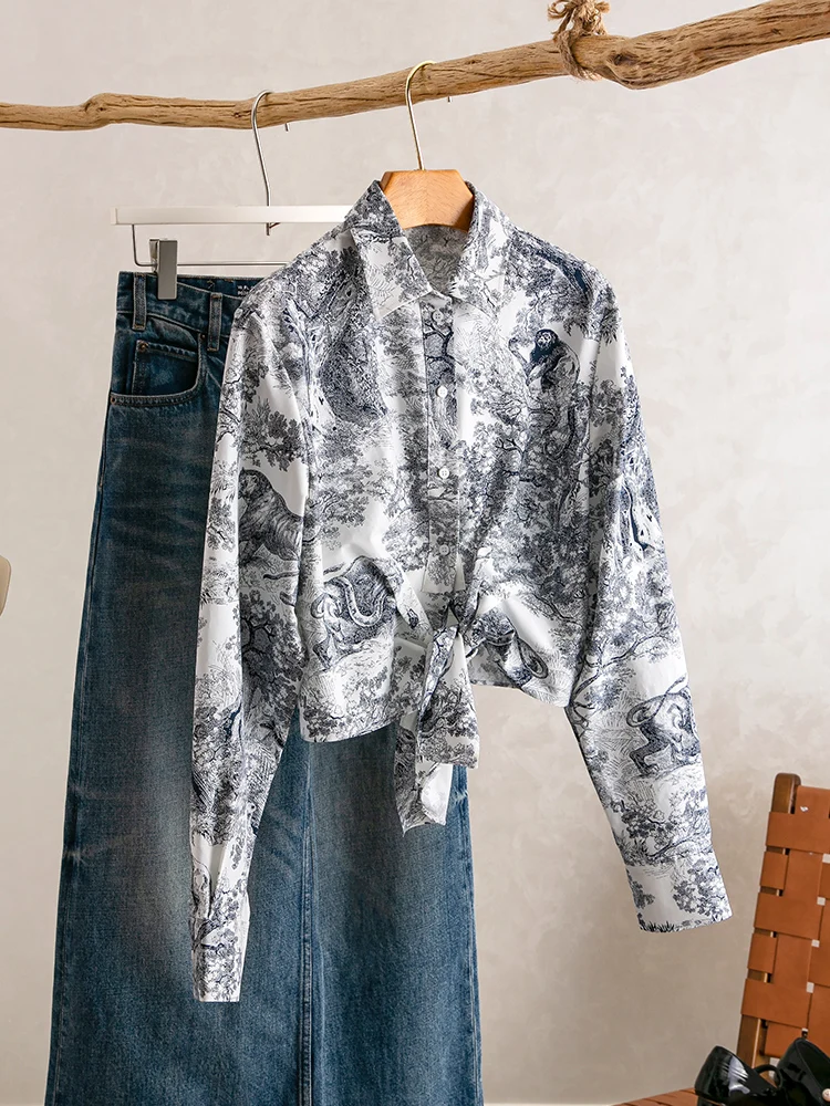 

YongLeap Classic Animal Print irt Jaet Single Button Front Wrap Summer New Arrival Women's Loose Fit Cotton Long Sve