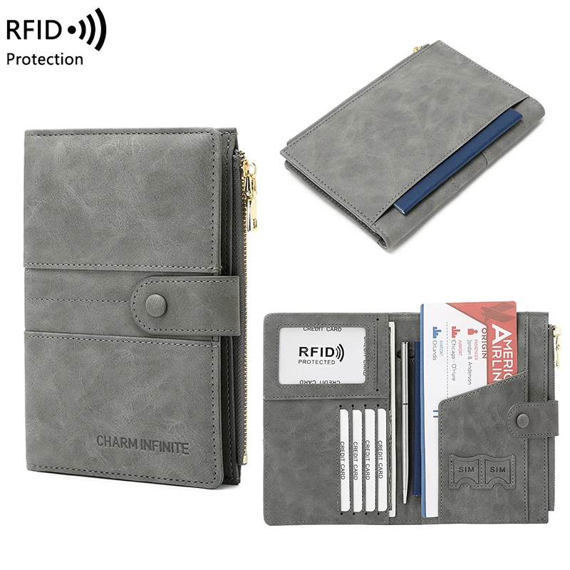 RFID Blocking Passport Bag, PU Solid Color, Zipper Buckle Wallet, Ticket Card Holder, Multi-functional Travel Passport Holder