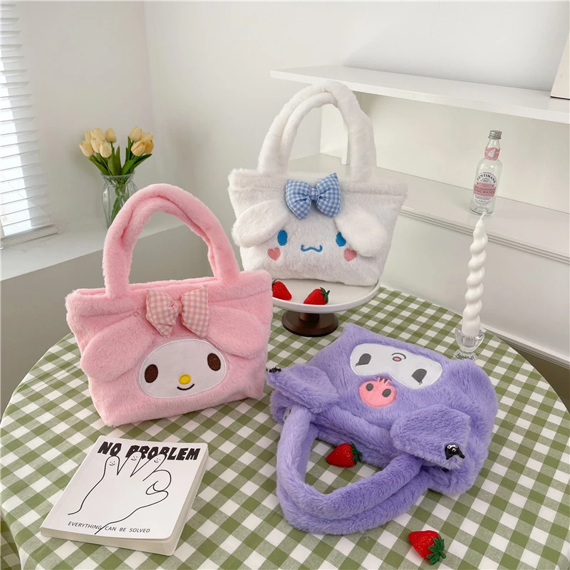 Kawaii Sanrio Cinnamoroll My Melody Kuromi Plush Tote Bags Cartoon Y2K Fashion Messenger Bags Stuffed Plushie Handbags Gift Girl