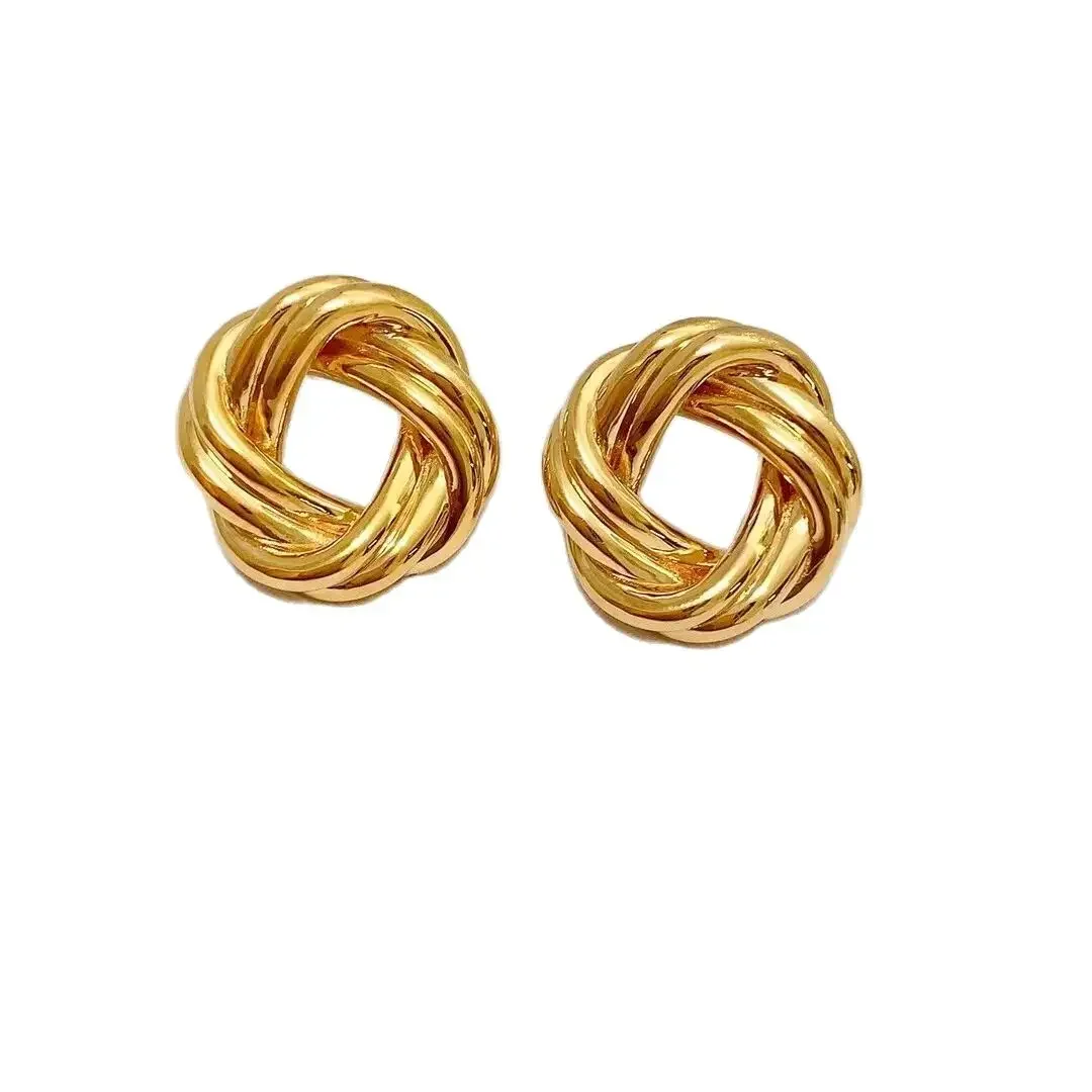 DSHIChain J-Boucles d'oreilles en or pur 18 carats pour femmes, Twist Design, Style Hollow Circle, Boucles d'oreilles à tige en métal, Stamp M750