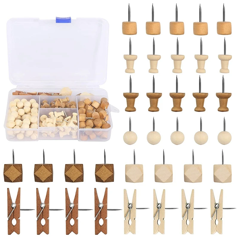 หมุดกดไม้ หมุดไม้ ไม้ Tacks พร้อมกล่องเก็บของสําหรับกระดานไม้ก๊อก รูปภาพ