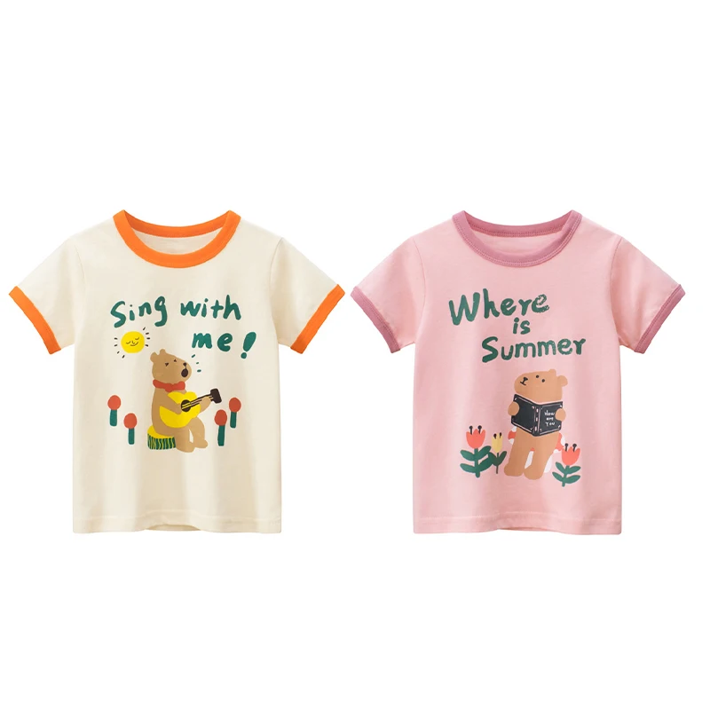 

Girls Summer T-Shirt Simple Cute Bear Cartoon Tops for Girls Short Sleeve O-neck Bottoming Shirt Cotton Kids Clothing 2-12Y