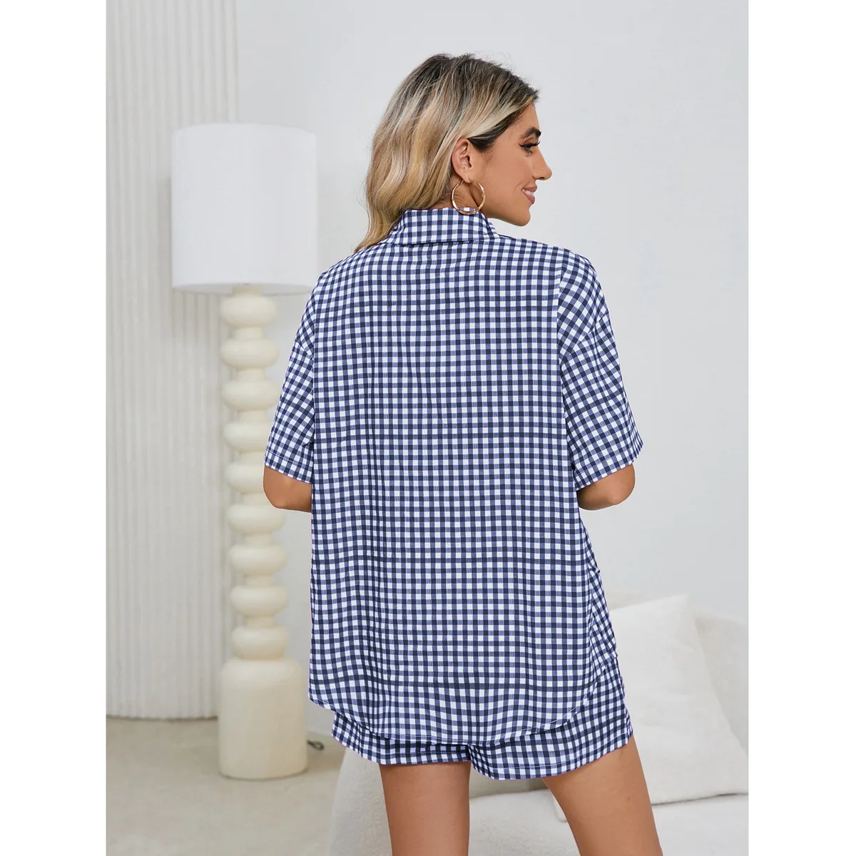 Red Plaid Print Women's Pajamas Sets Single Breasted Drawstring Sleepwear Turn-Down Collar Home Suit Set Woman 2 Pieces Summer