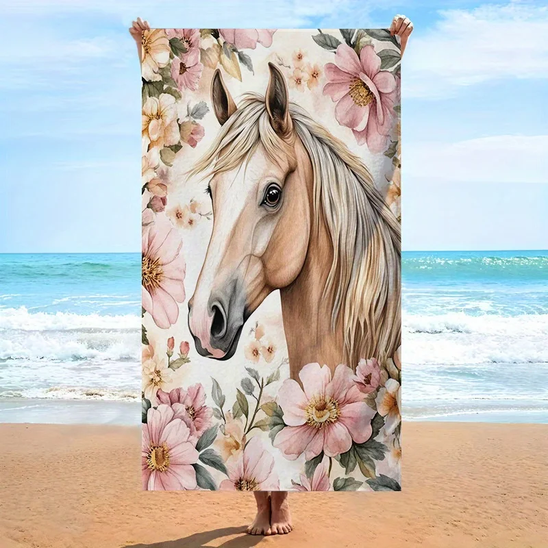 Horse Beach Towel, Floral Horse Print, Quick Dry Microfiber, Oversized for Beach, Pool, Travel, Gift for Her, Equestrian Lover