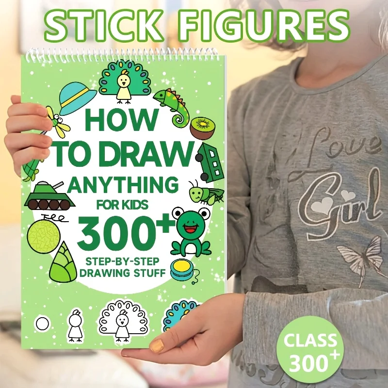 300+ Step-by-Step 1pc Green Stick Figure Drawing Book Art  Learning Painting Supplies with Cartoon Dinosaur & Frog Designs Book