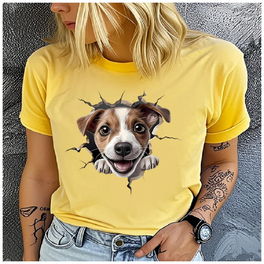 Cotton 100% 3D Crack Wall Peeking Jack Russell Terrier T-shirt Women Cute Puppy Graphic Casual Summer Dog Lover Short Sleeve Tee