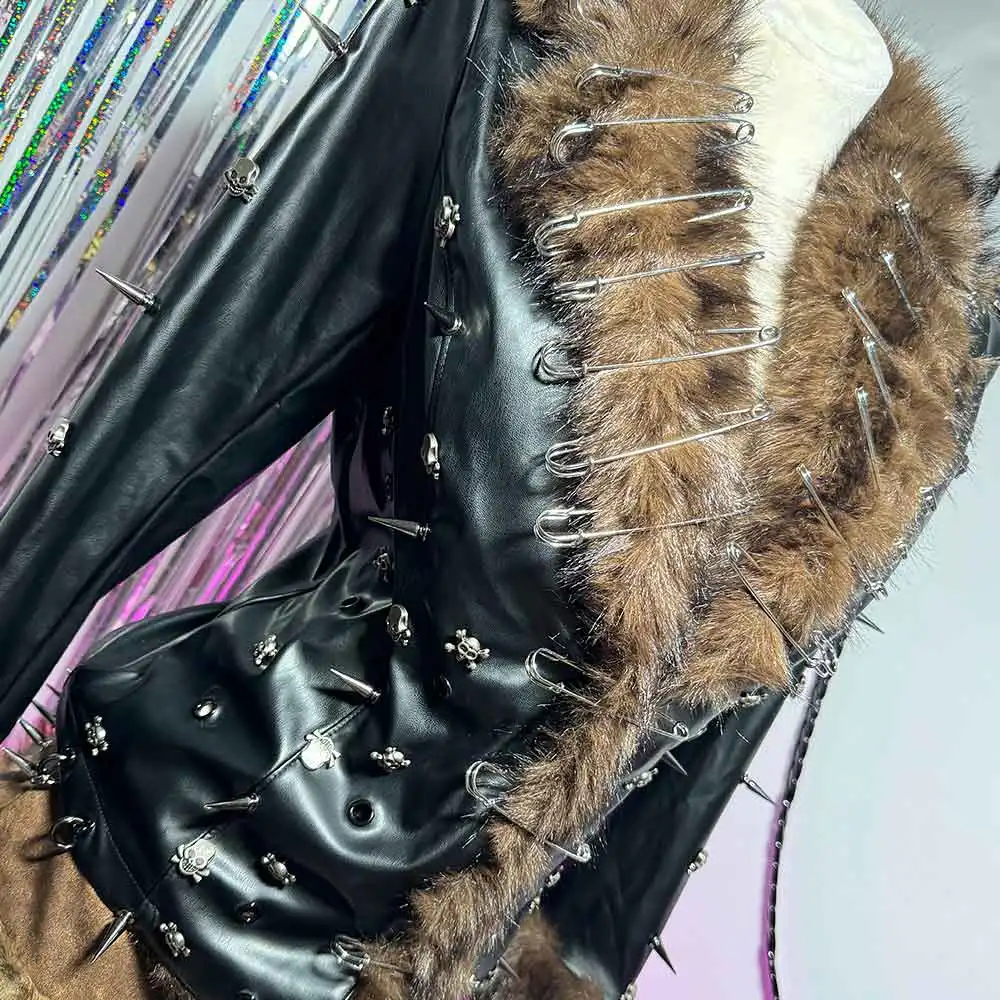 

Хип-хоп Подростки E-Girls Эмо Гранж Гот DIY Клубная одежда Ручная работа Панк-рок с шипами Y2K Веганская кожаная куртка из искусственного меха Пальто Булавка