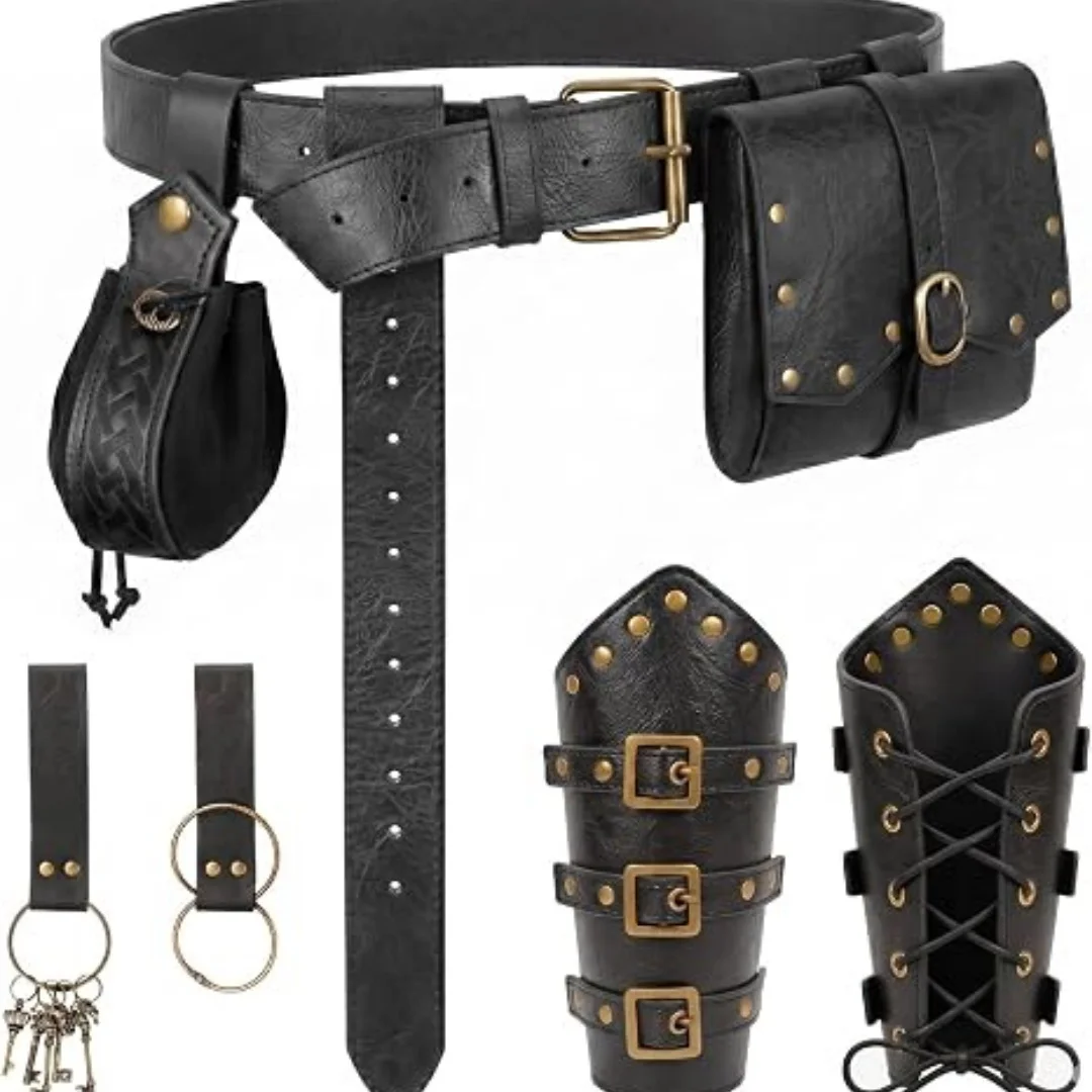 1PC/7PCS Medieval Viking PU Leather Waist Bag Multi-Layer Belt Wrist Guard Hiking Skirt Clip Retro Halloween Costume Prop