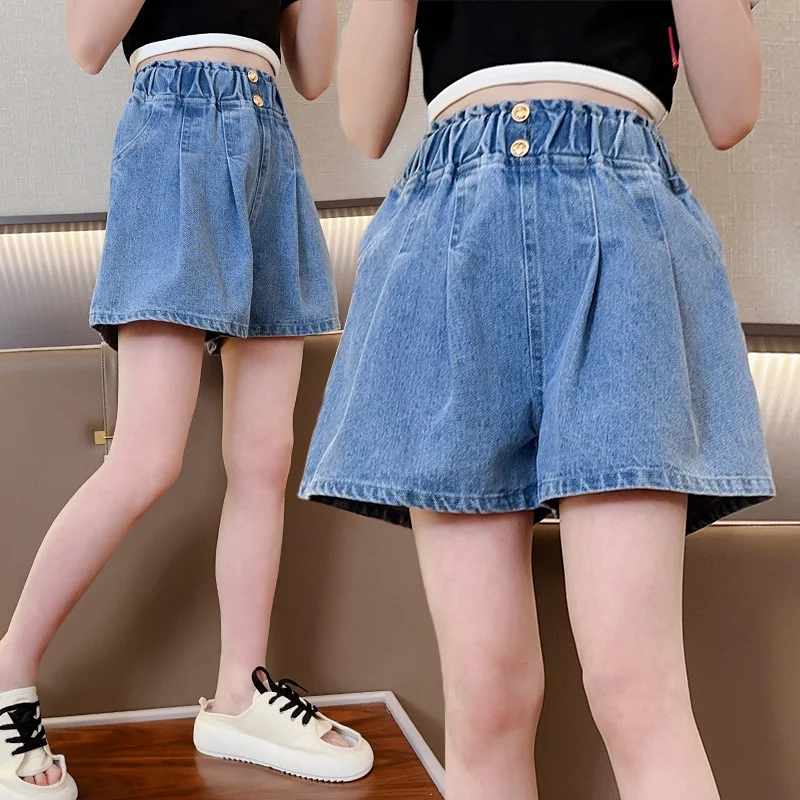 

Джинсовые короткие джинсы синего цвета для больших девочек, детские шорты с эластичной резинкой на талии, брюки для подростков, летние повседневные короткие брюки 5, 7, 8, 9, 11, 12, 14 лет