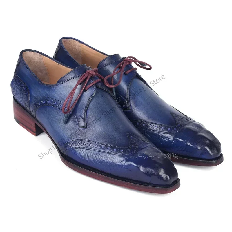 

Blue Gradient Color Fretwork Strappy Men Derby Shoes Fashion Lace Up Men Shoes Luxurious Handmade Party Banquet Men Dress Shoes