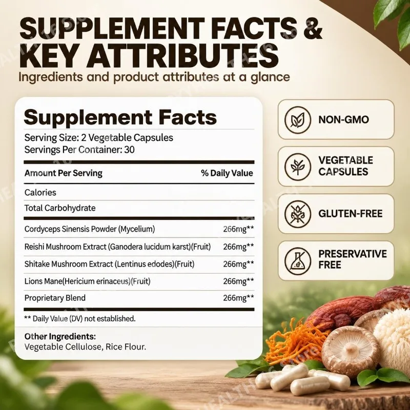 Mushroom Capsule 10X Complex Supports Cognitive and Immune Health with Cordyceps Reishi Shiitake Lion's Mane 60 Capsules