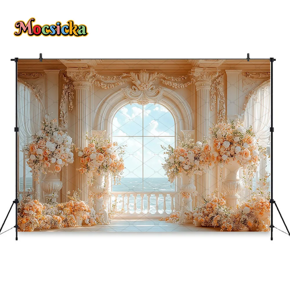 Роскошный свадебный фон для фотосъемки для девочек, теплый оранжевый цветочный дворец, голубое небо, фон, декор для свадебного шоу, фотозона для студии