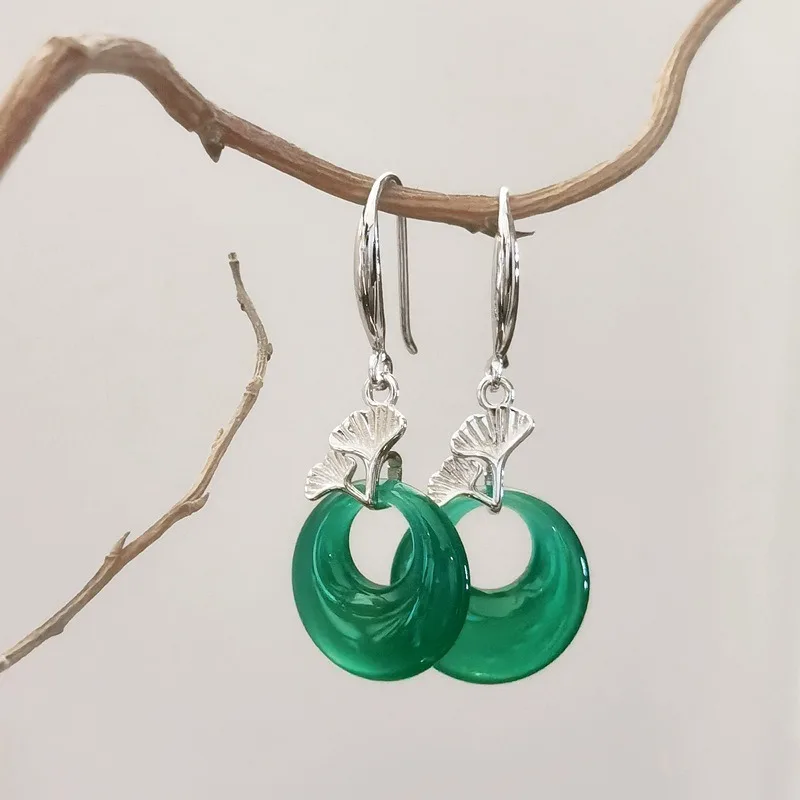 

S925 retro silver earrings whole body silver earrings green chalcedony ears hanging white cat eye safety buckle ginkgo biloba