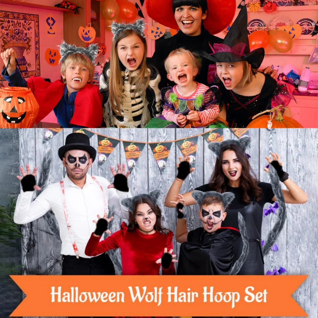 مجموعة أزياء الذئب على شكل آذان الذئب فروي، دعائم حفلات الذئب باللون الرمادي لحفلات الهدايا وحفلات أعياد الميلاد #4