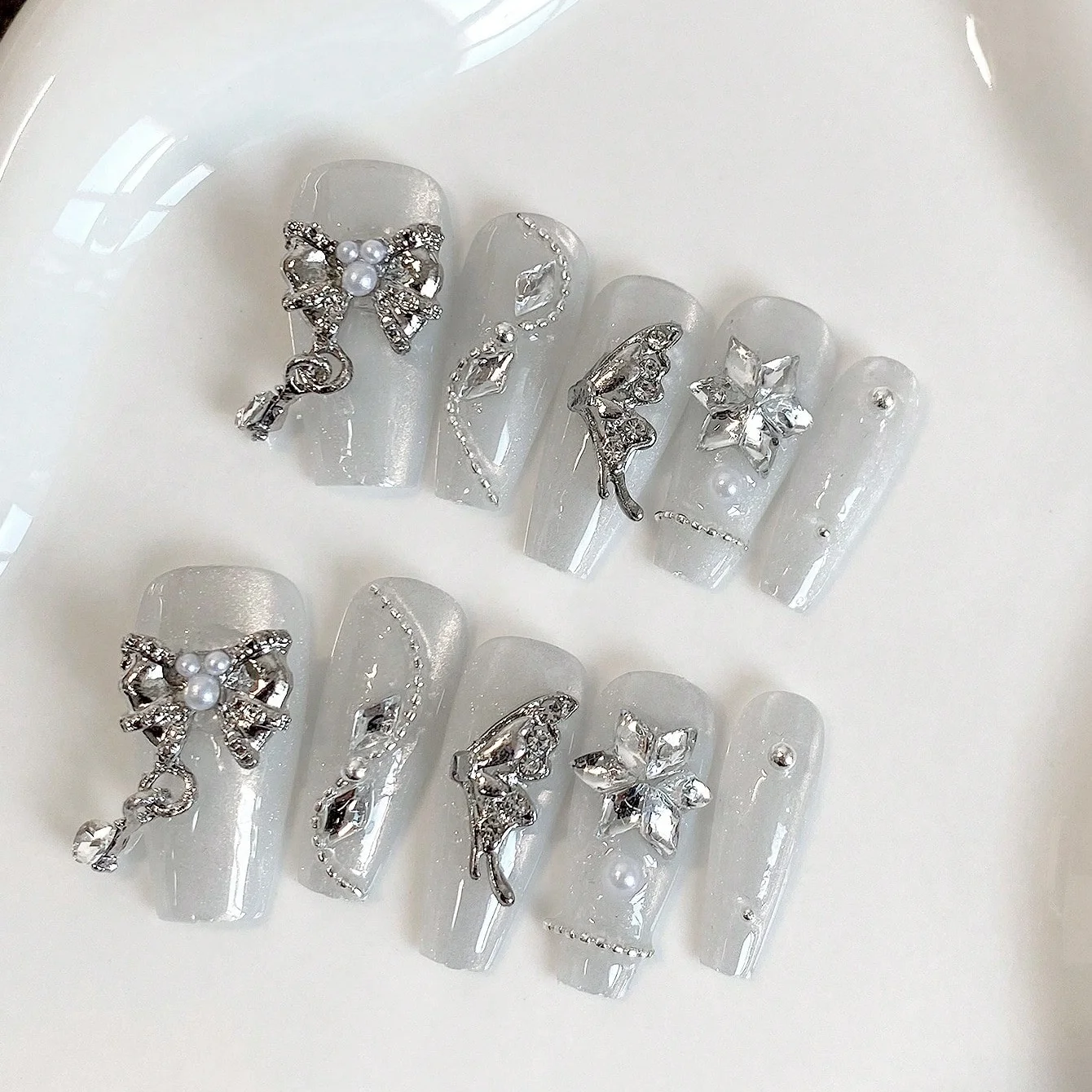 10pcs pure handmade coffin shaped nail art, fake nail art, transparent crystal butterfly nail art, suitable for women's use