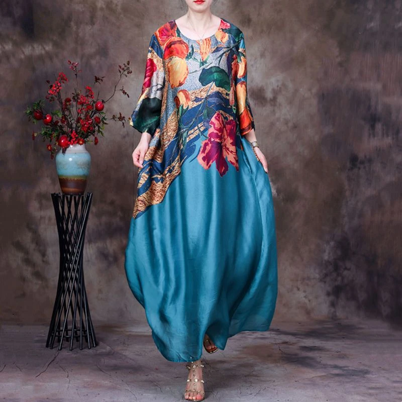 Spring Summer Large Size Long Sleeve Silk Dress 2024 New Floral Print  Elegant Beach Style  Maxi es for Women Q742