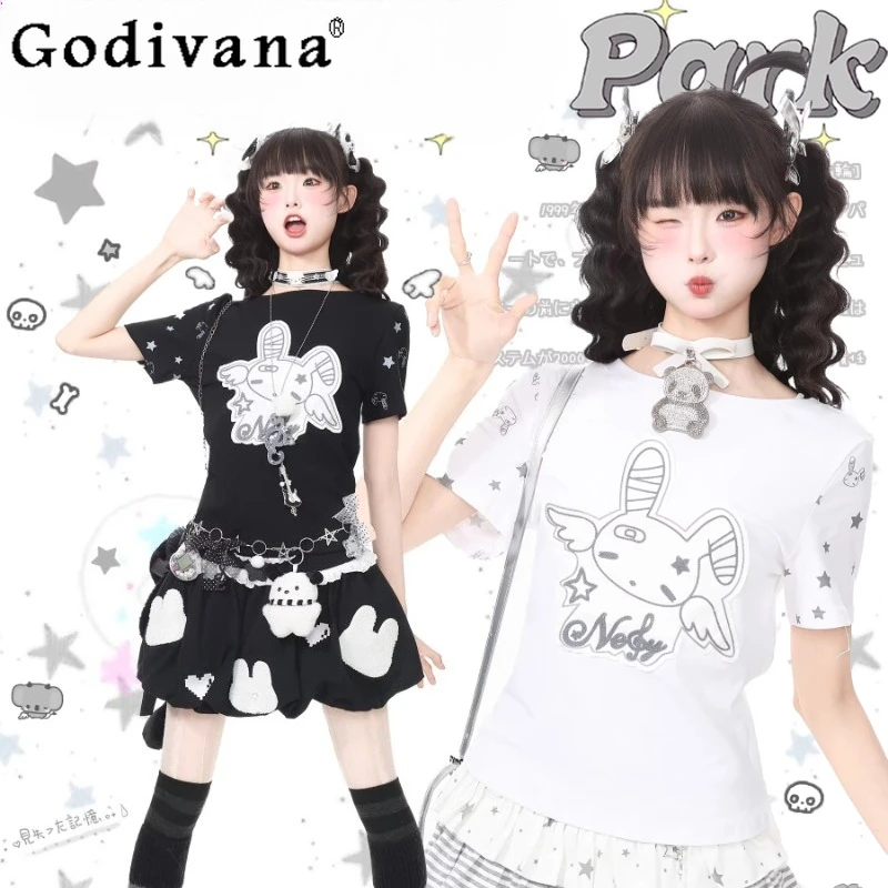 

Original Subculture Kawaii Girl's Y2k T-shirts Summer New Rabbit Star Print Student Casual T-shirts Tops Women's Clothing 2026