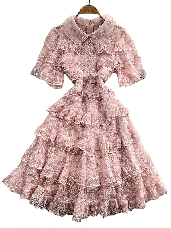 Vestido Estilo Princesa com Gola de Renda para Mulheres, Slimming de Verão, Bordado Pesado, Saia em Camadas, Cintura Alta, Ma...