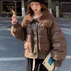 Down Jacket with Lamb Hair Lapel for Women, Female Jackets, Korean Fashion, Casual, High Street Coats, Down, Patchwork, Winter