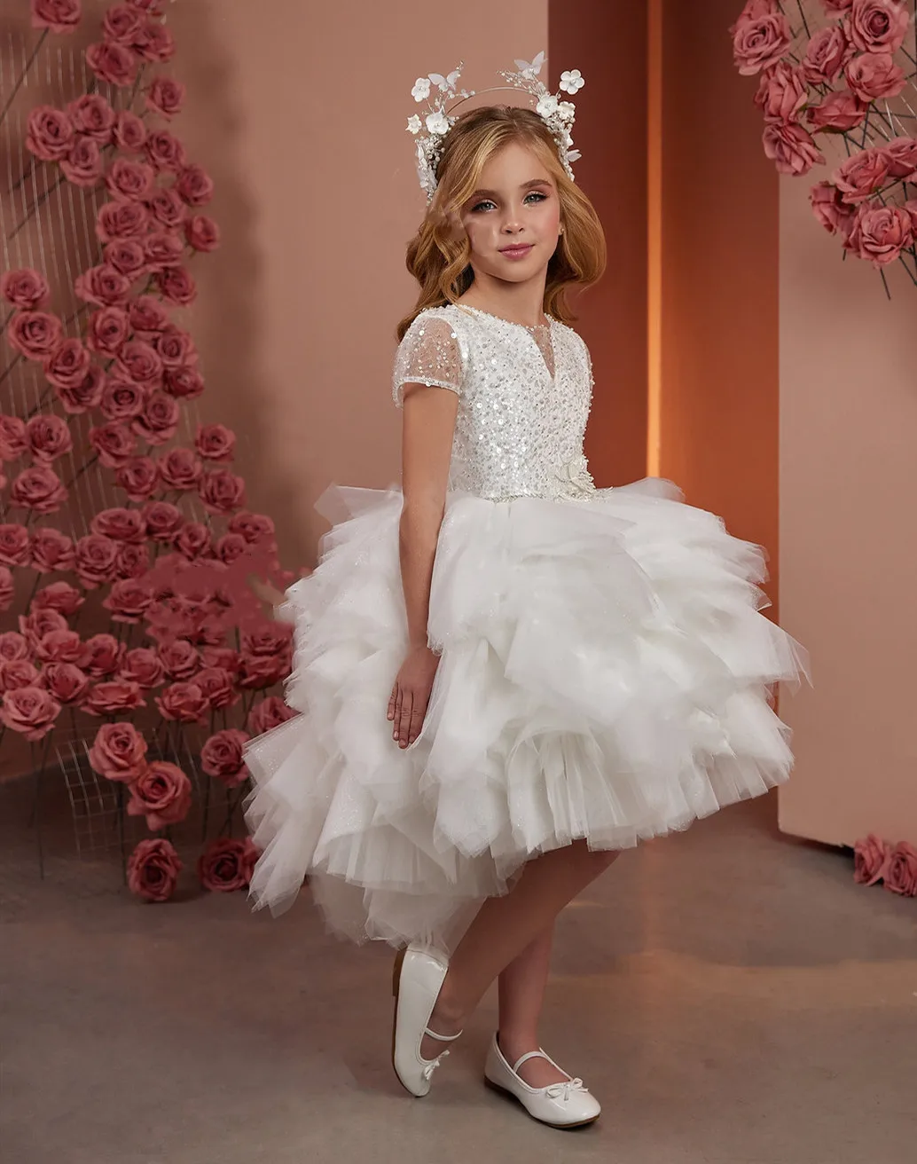 

Flower Girl Dresses for Wedding White Layers Tulle Sequined Tiered Birthday Party Dress Princess First Communion Dress