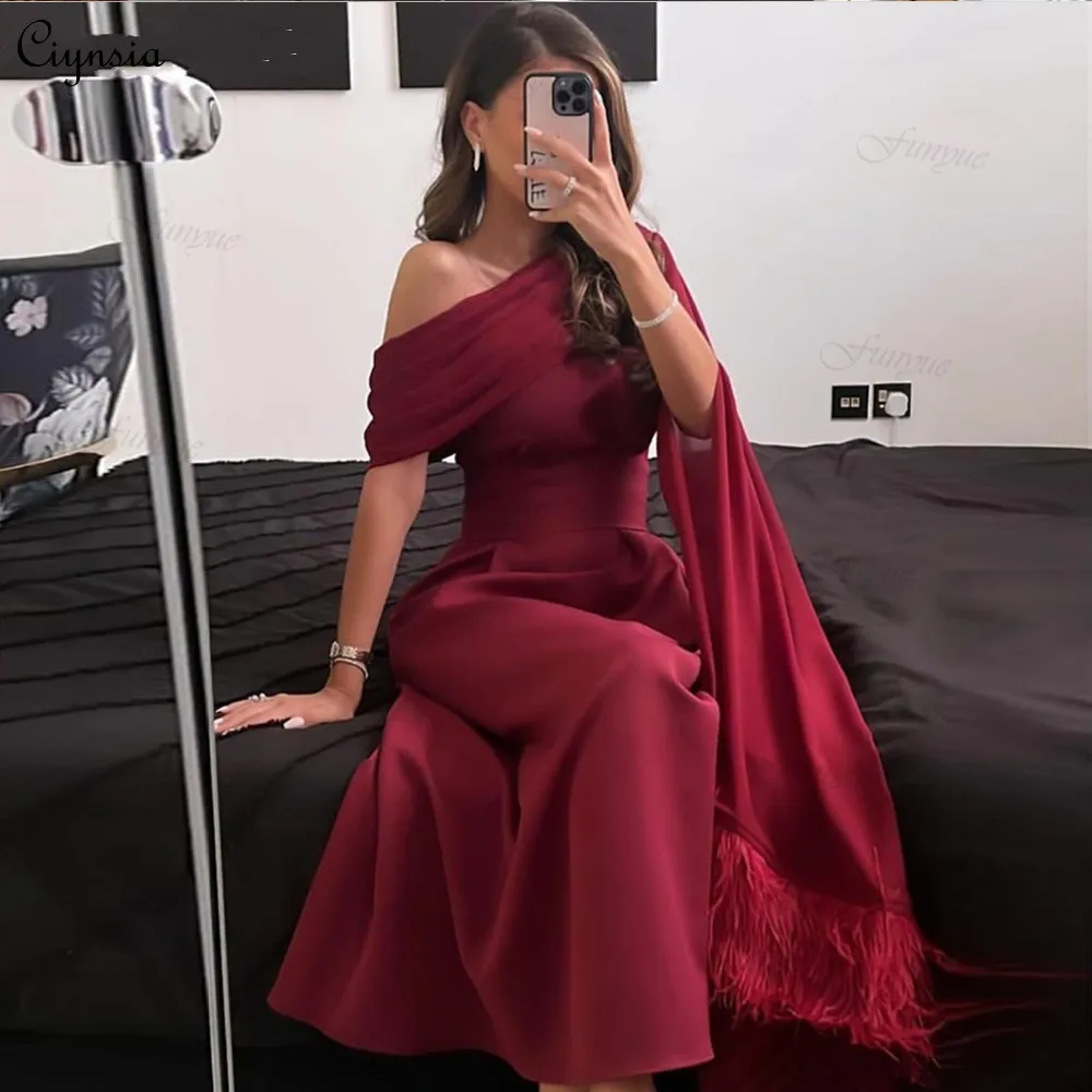 

Elegant Burgundy One Shoulder Formal Dress Feather Sleeves Arabic Muslim Evening Gowns for Women Dubai Robe De Soirée